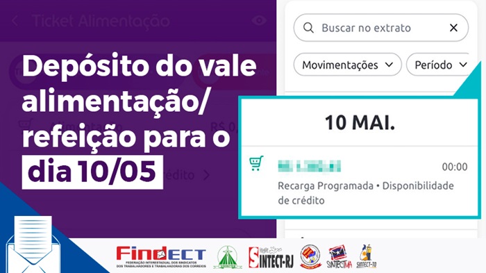 CORREIOS ATENDEM PEDIDO DA FINDECT E ANTECIPAM DEPÓSITO DO VALE ALIMENTAÇÃO/REFEIÇÃO PARA O DIA 10/05