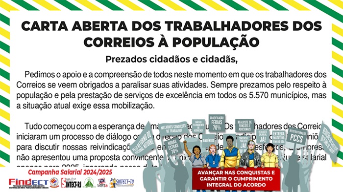 FINDECT DIVULGA CARTA ABERTA À POPULAÇÃO COM MOTIVOS DA GREVE DOS TRABALHADORES DOS CORREIOS