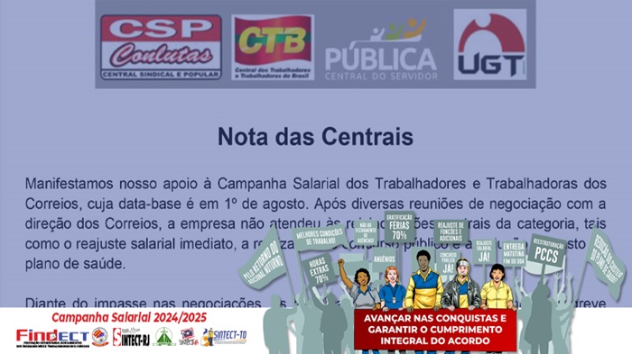 CENTRAIS SINDICAIS PUBLICAM NOTA DE APOIO À GREVE DOS TRABALHADORES DOS CORREIOS