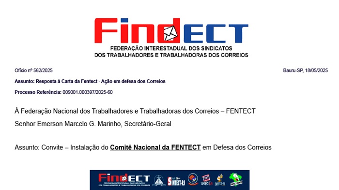 FINDECT REAFIRMA COMPROMISSO COM A UNIDADE EM DEFESA DOS CORREIOS E AGRADECE CONVITE PARA O COMITÊ NACIONAL