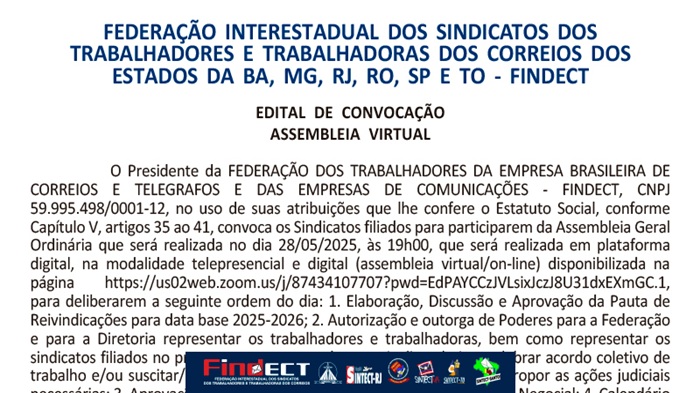 FINDECT CONVOCA ASSEMBLEIA GERAL VIRTUAL PARA DELIBERAÇÃO DA CAMPANHA SALARIAL 2025/2026