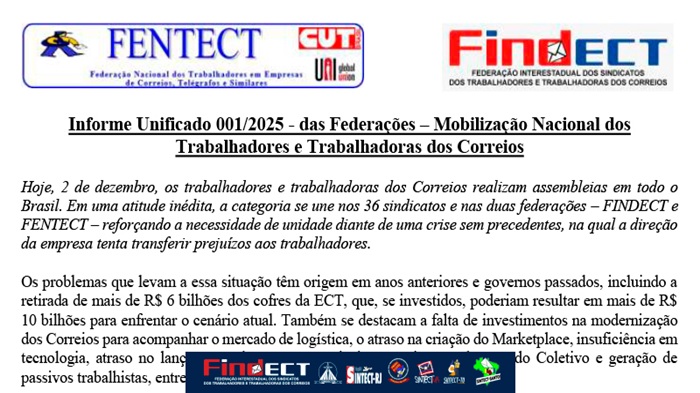 INFORME UNIFICADO DAS FEDERAÇÕES – MOBILIZAÇÃO NACIONAL DOS TRABALHADORES DOS CORREIOS