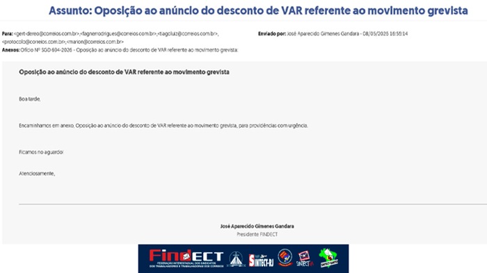 FINDECT COBRA SUSPENSÃO DOS DESCONTOS NO VA/VR E CRITICA POSTURA DA ECT CONTRA GREVE CONSIDERADA LEGAL PELO TST